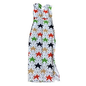 Stretch Multicolor Graphic Stars Maxi Bodycon Dress Sz XL